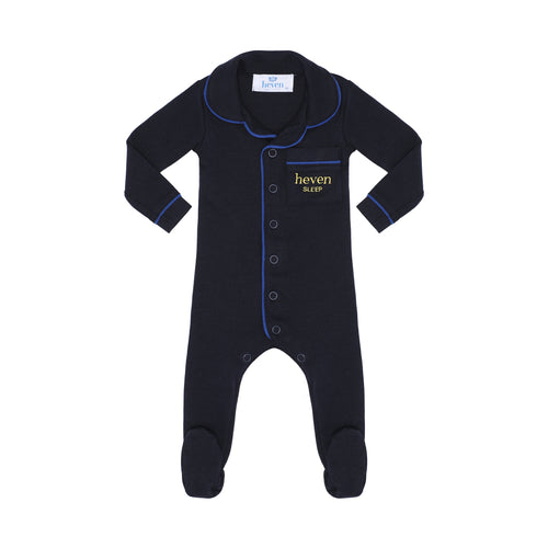 Black baby onesie with blue piping and 'heven sleep' branding on a white background