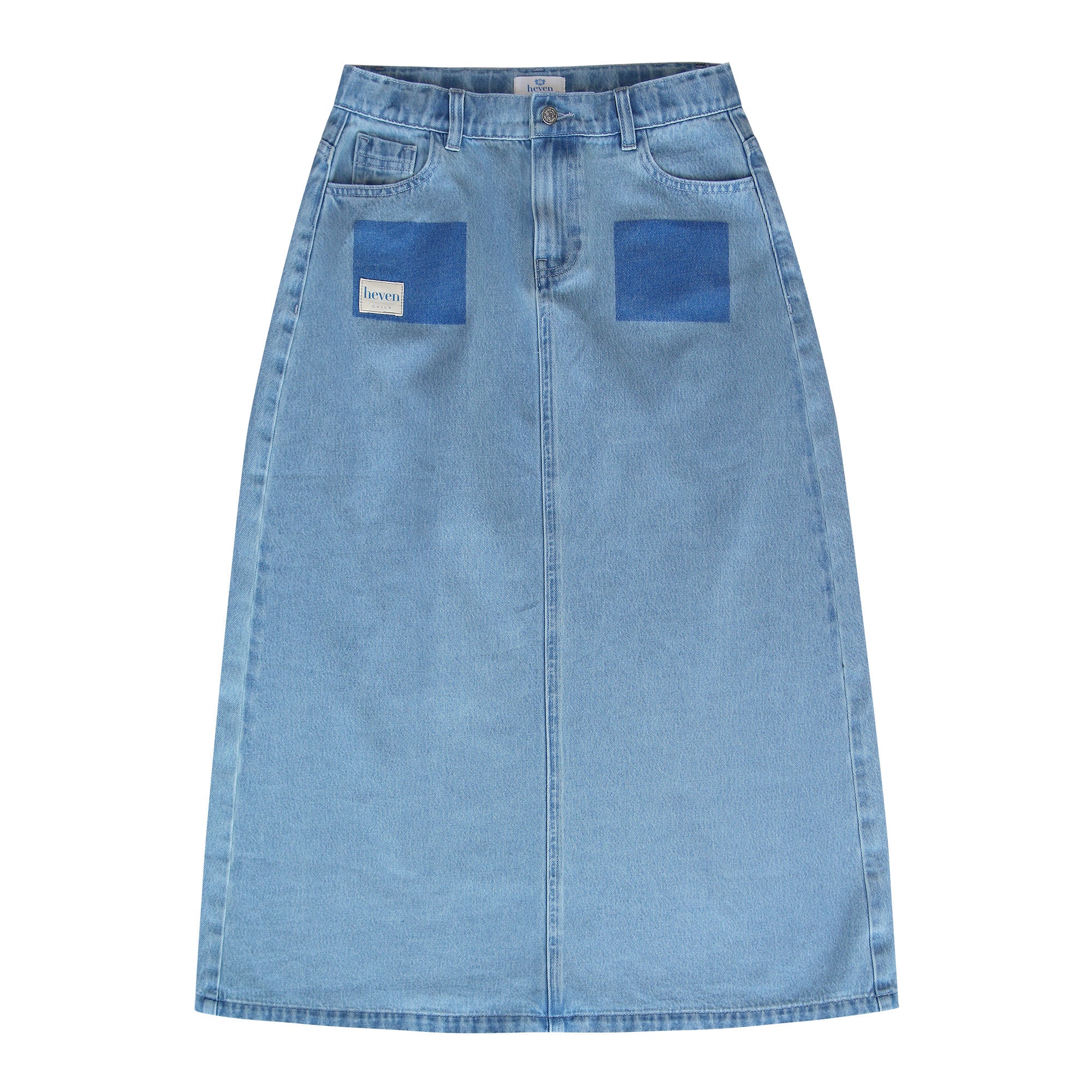 Blue denim skirt with brand label on a white background