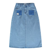 Blue denim skirt with brand label on a white background