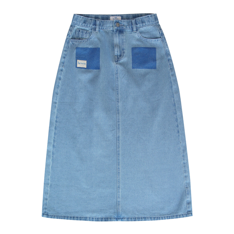 Blue denim skirt with brand label on a white background