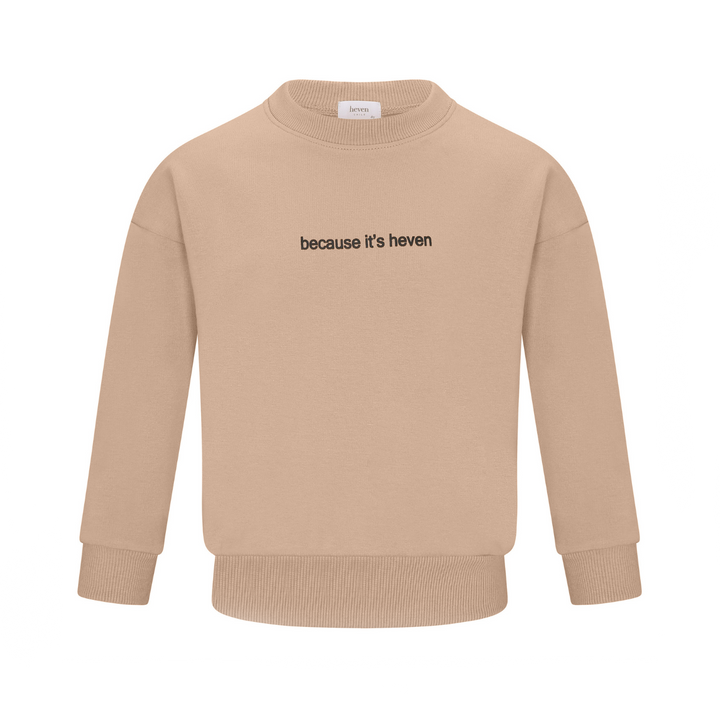 Tan kids sweatshirt with ribbed collar, cuffs and waistband. 