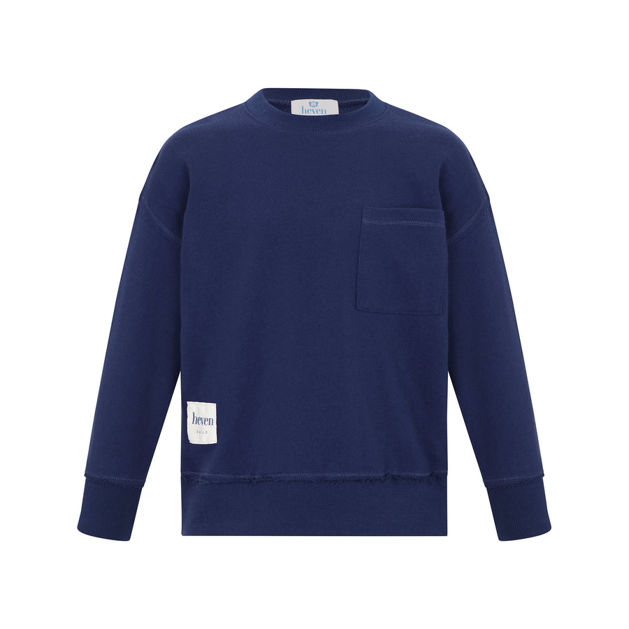 Navy blue sweatshirt with a pocket on a white background