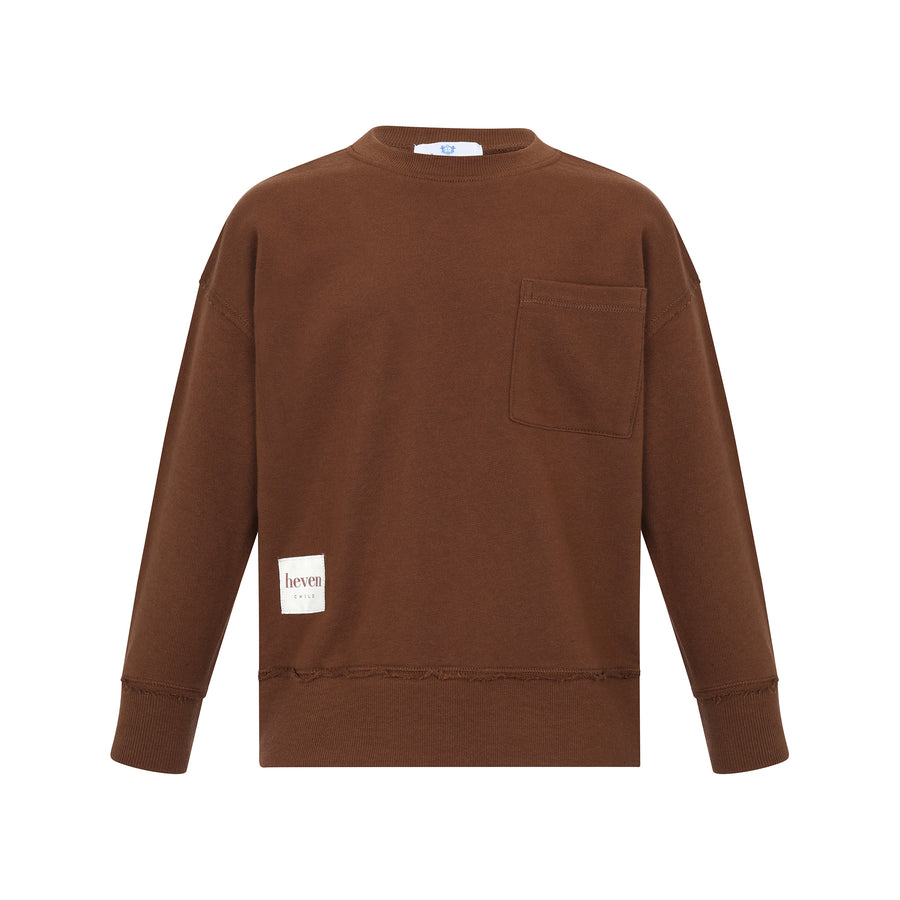 Brown sweatshirt with a small white label on a white background
