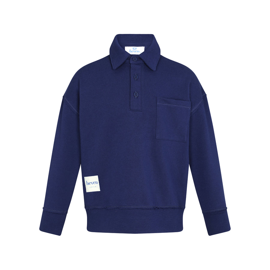 Navy blue sweatshirt with brand logo on a white background