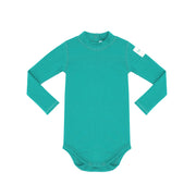 Green long-sleeve baby bodysuit on a white background