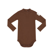 Brown baby bodysuit with a tag on a white background