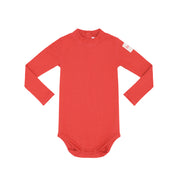 Red baby bodysuit with long sleeves on a white background