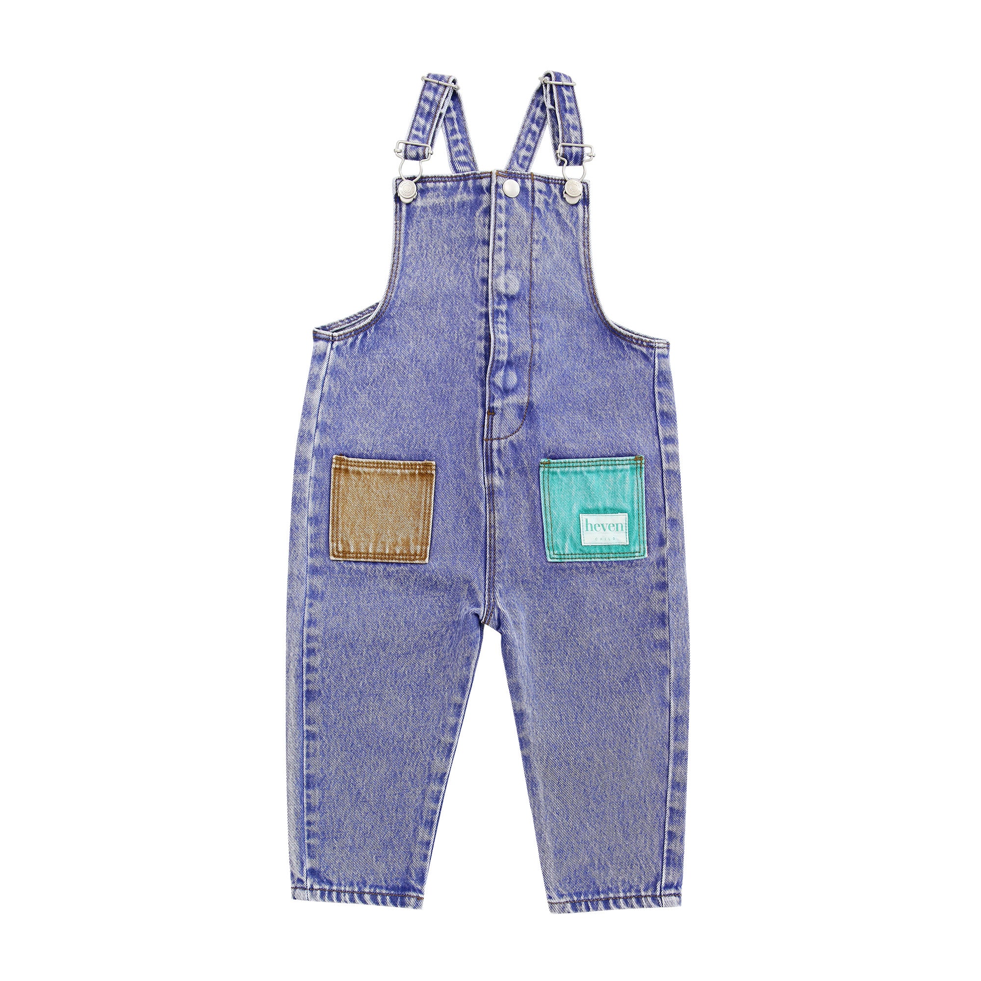 Blue denim overalls with two pockets on a white background