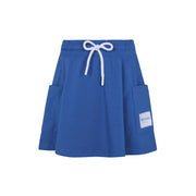 Blue skirt with white drawstring and pockets on a white background