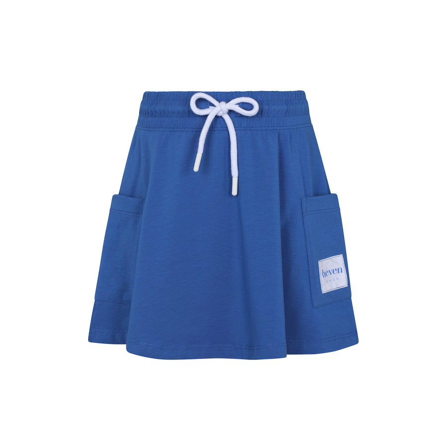 Blue skirt with white drawstring and pockets on a white background