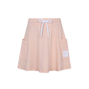 Pink skirt with white drawstring and pockets on a white background