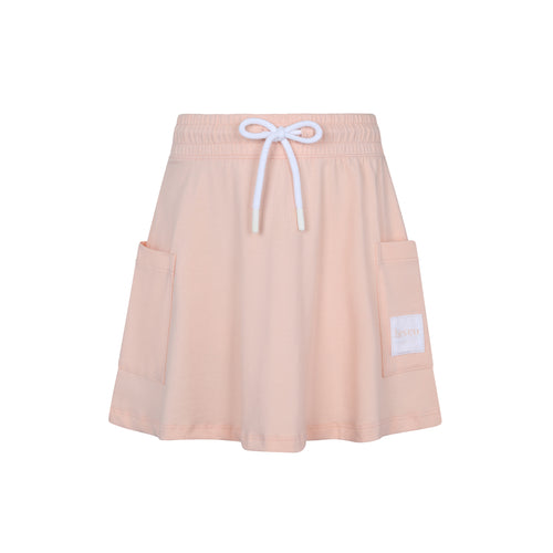 Pink skirt with white drawstring and pockets on a white background