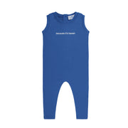 Blue baby romper with text on a white background