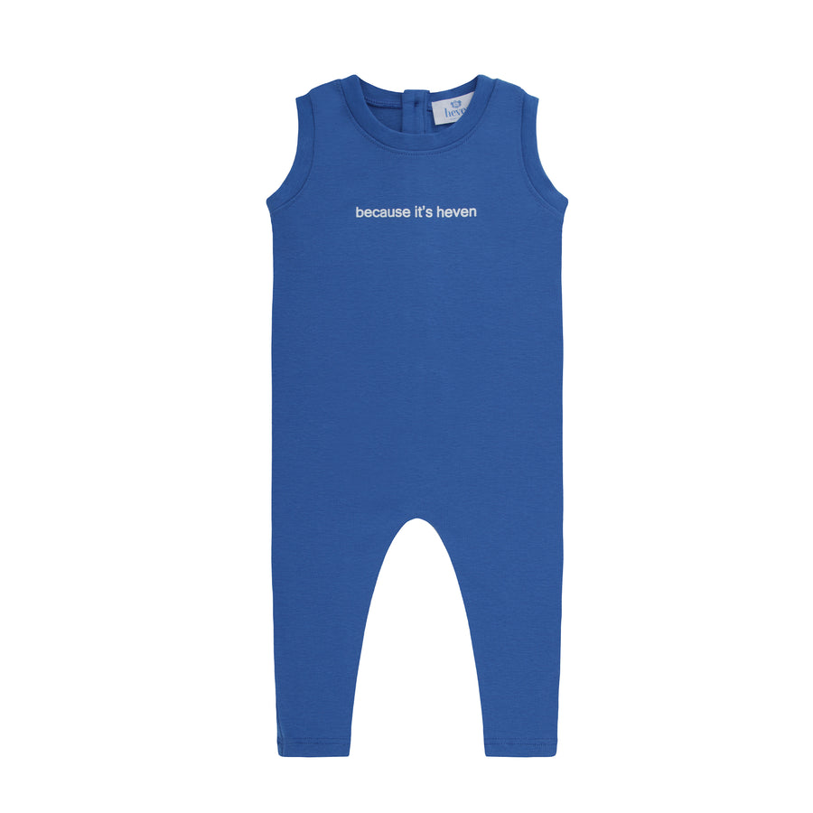 Blue baby romper with text on a white background