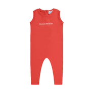 Red baby romper with 'because it's heaven' text on a white background