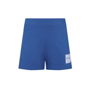 Blue shorts with a brand logo on a white background