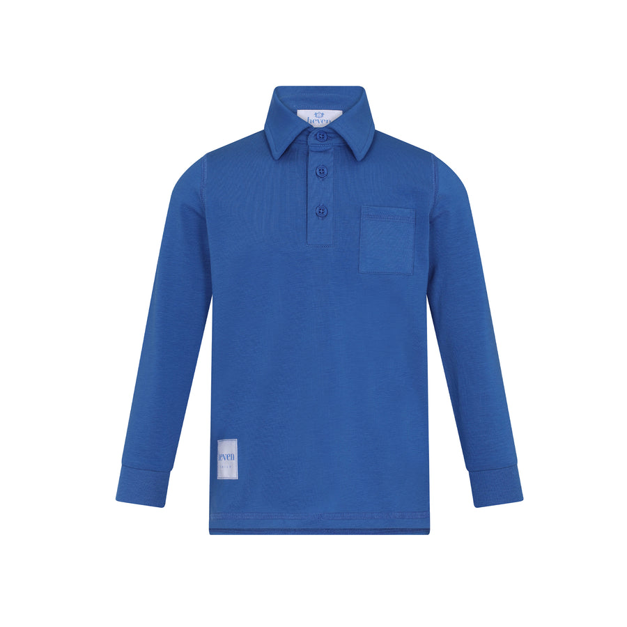 Blue long-sleeve polo shirt on a white background