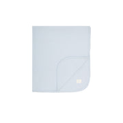 Light blue baby blanket with a small logo on a white background