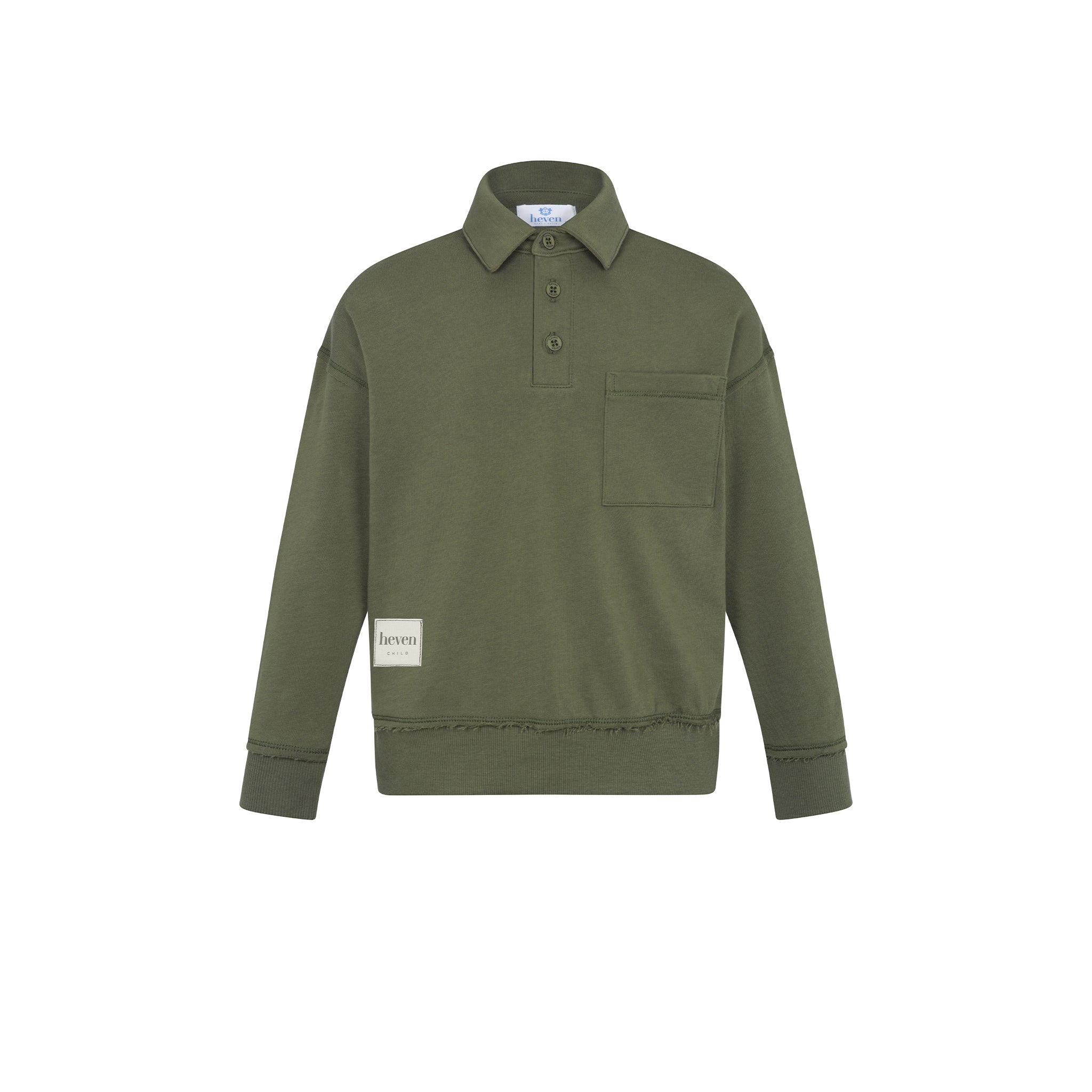 An olive green long-sleeve polo shirt with a collar, three-button placket, and a chest pocket, shown flat on a white background. A small beige brand patch is visible on the lower left sleeve.