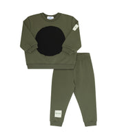 Green sweatpants and sweatshirt on white background.