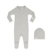 Heather grey onesie on white background.