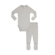 A baby two-piece sleepwear set in heather gray, featuring a long-sleeve bodysuit and matching footed leggings, laid flat on a white background.