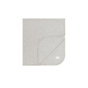 Heather grey folded blanket on a white background.