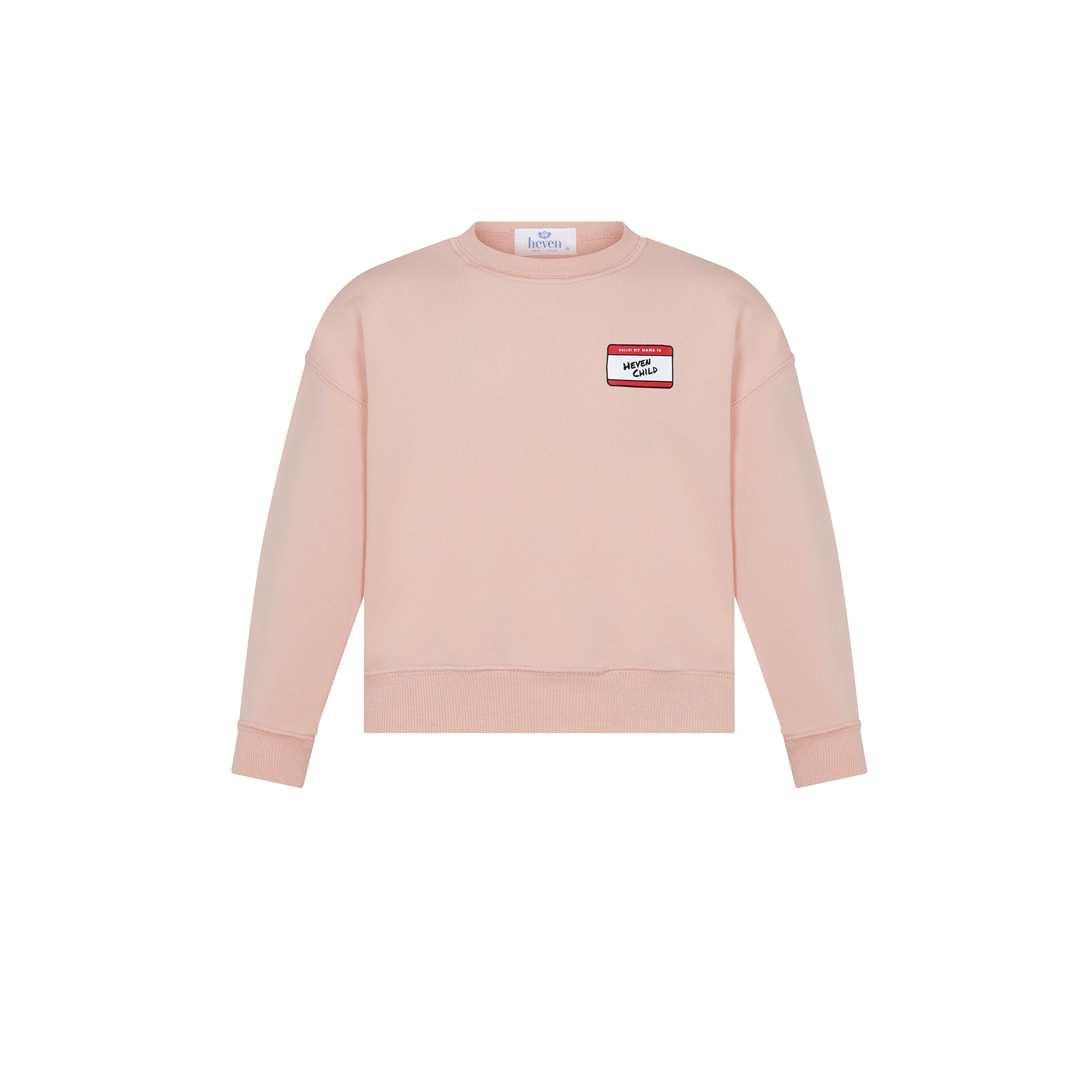 Girls pink sweatshirt with name tag on a white background. 