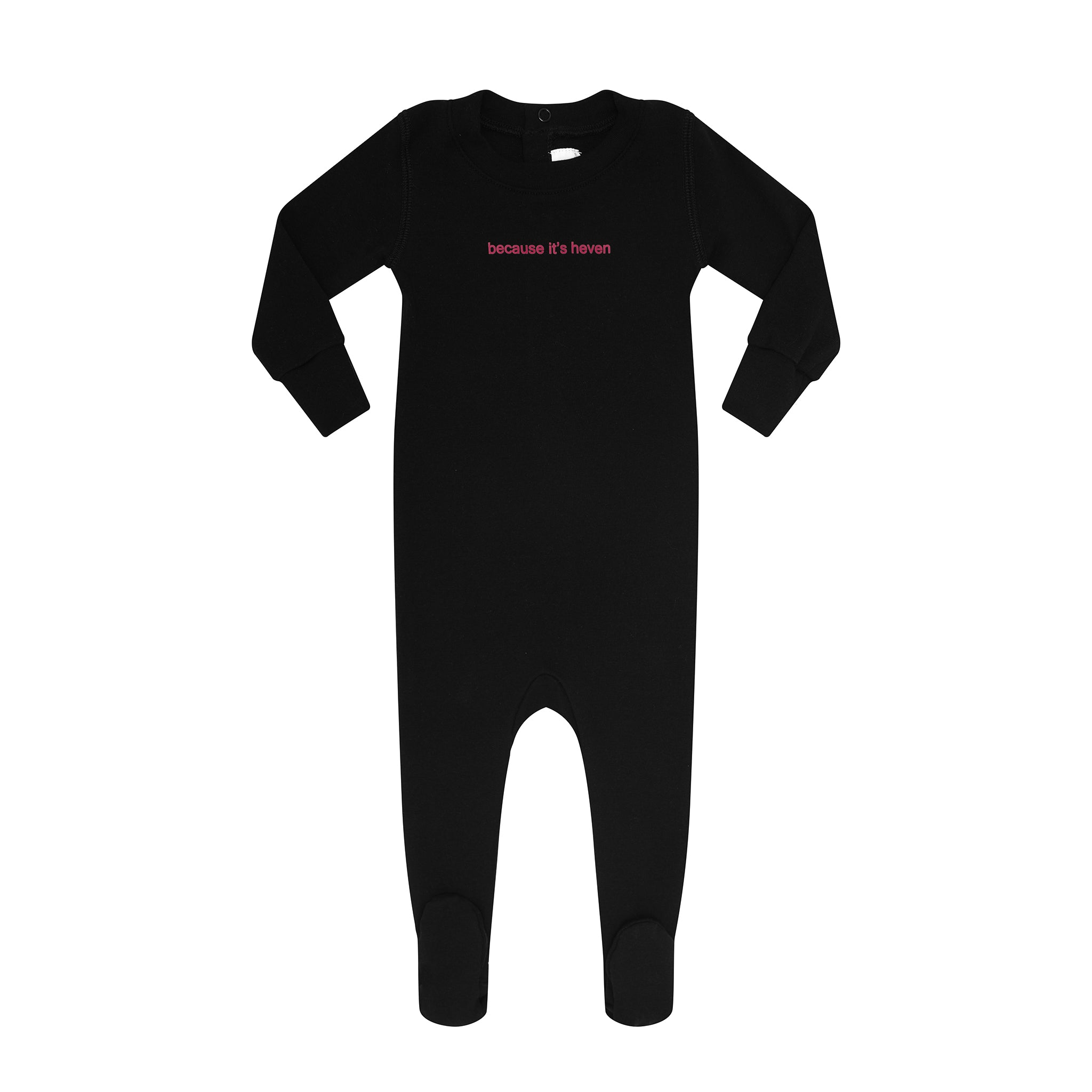 Black footsie with pink font 'because it's heven' on a white background.