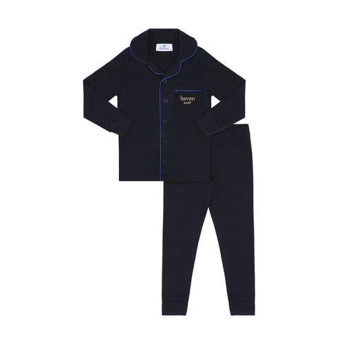 Navy pajama set with brand logo on a white background
