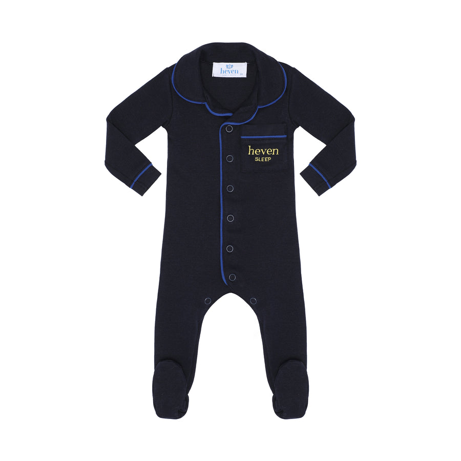 Black baby onesie with blue piping and 'heven sleep' branding on a white background