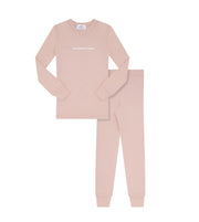 Pink pajama set with long-sleeve top and pants on a white background