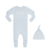 Light blue baby onesie and hat set on a white background