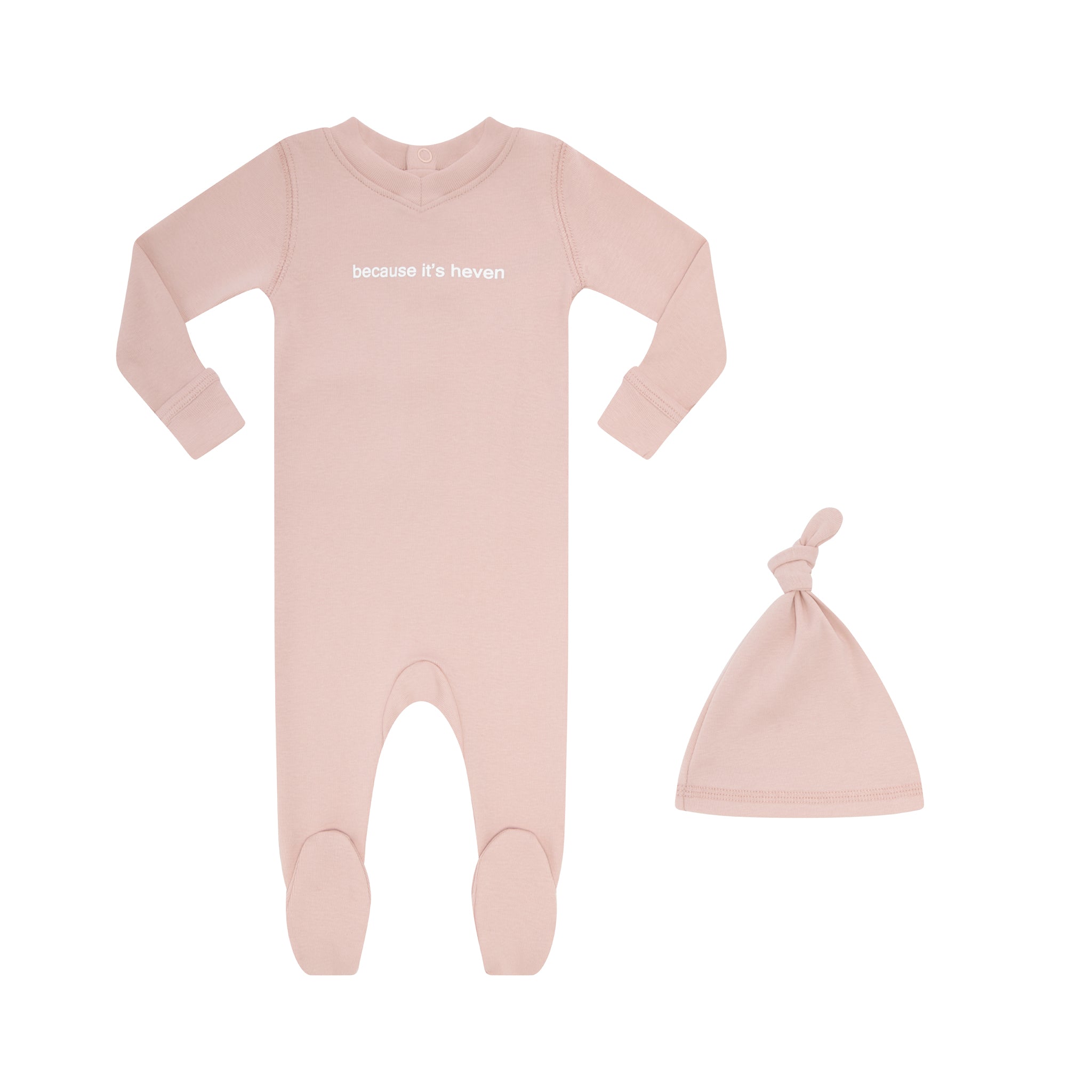Pink baby onesie and hat set on a white background