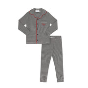 A two-piece children's pajama set featuring a long-sleeve button-front top and matching pants. The pajamas have a fine blue and white stripe pattern, with red piping along the collar, placket, and pocket, and a small red embroidered logo on the chest pocket.