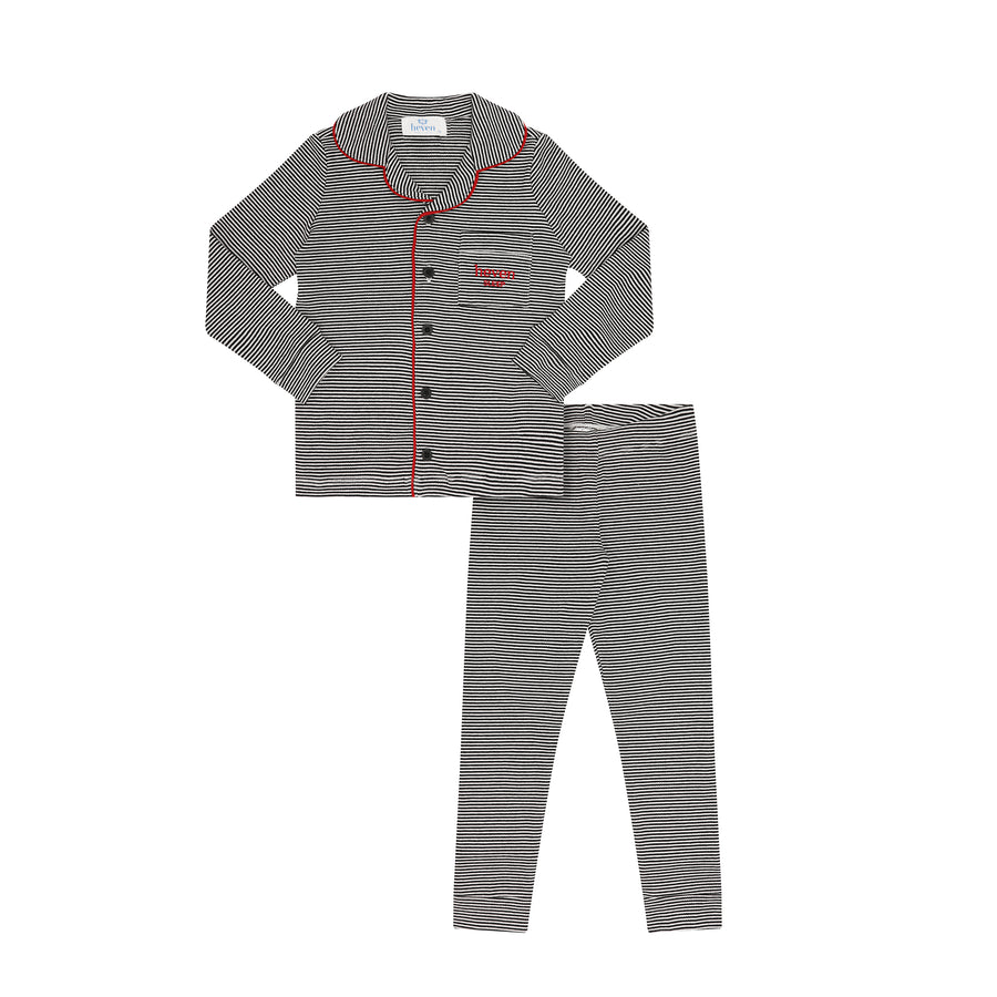 A two-piece children's pajama set featuring a long-sleeve button-front top and matching pants. The pajamas have a fine blue and white stripe pattern, with red piping along the collar, placket, and pocket, and a small red embroidered logo on the chest pocket.