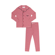 A two-piece children's pajama set featuring a long-sleeve top and matching pants. The pajama set has a pink and white striped pattern with black piping along the collar and button placket on the top, and a small embroidered brand label on the chest.