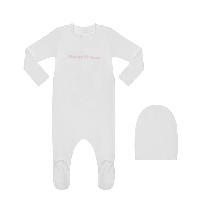white baby stretchy with matching hat