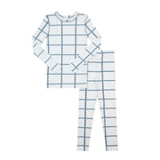 kids cotton pajama set in bold light blue and white grid pattern