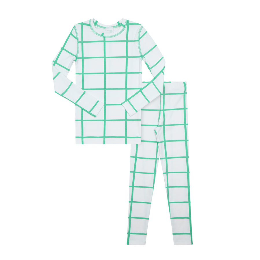 kids pajama set in green and white grid pattern