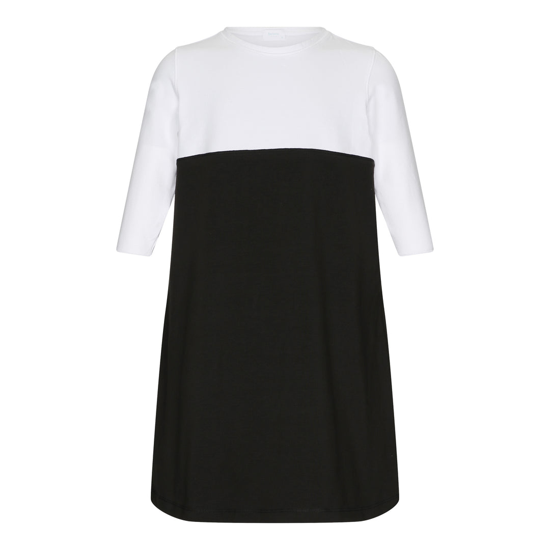 3/4 sleeve girls color block black and white knee length dress.
