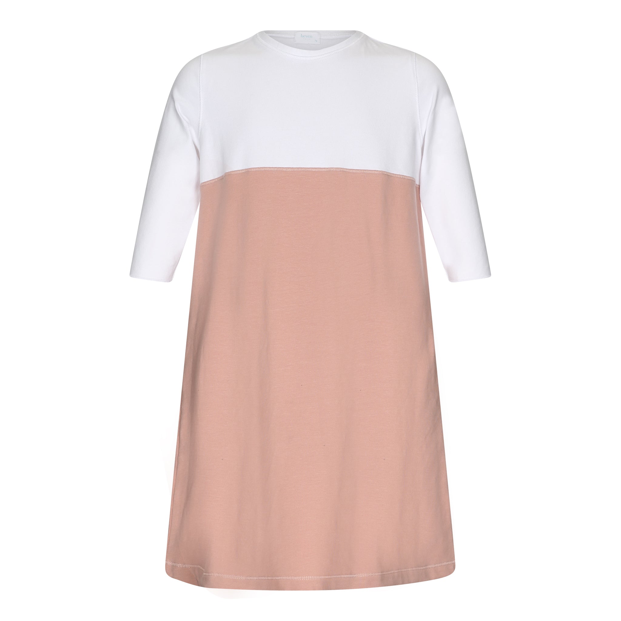 3/4 sleeve girls color block pink and white knee length dress.