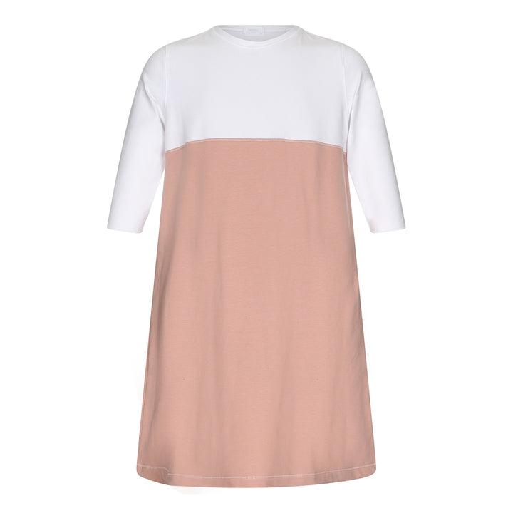 3/4 sleeve girls color block pink and white knee length dress.