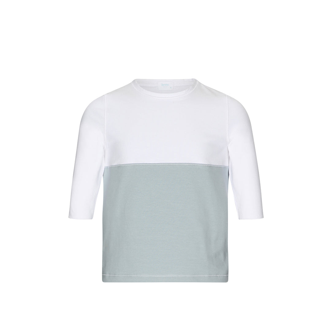 white and light blue color block girls 3/4 sleeve tee