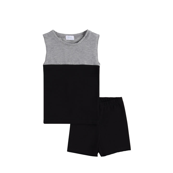 Grey and black color block toddler tank top with matching boys black shorts