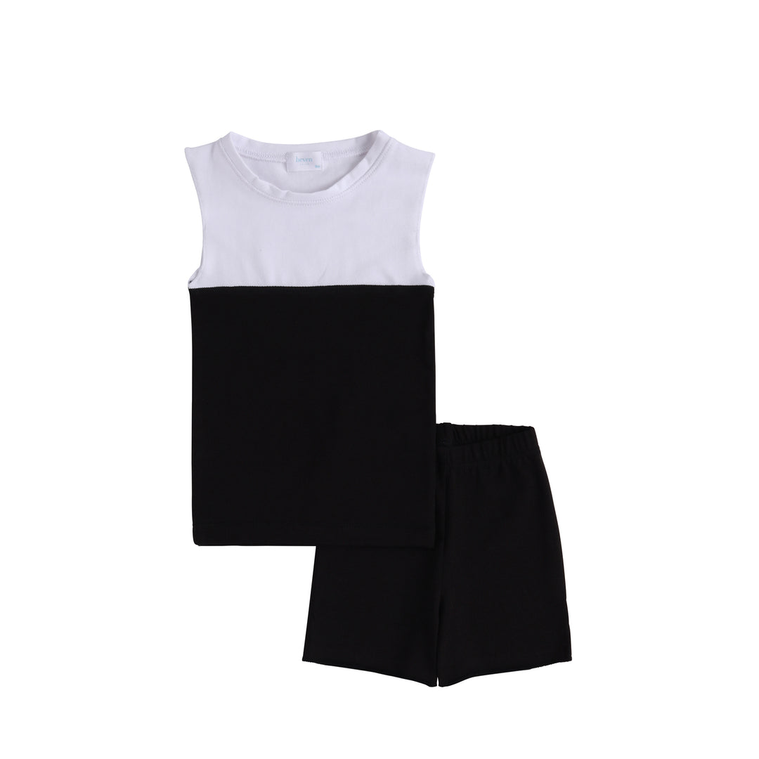 Black and white toddler color block tank top and matching stretch shorts