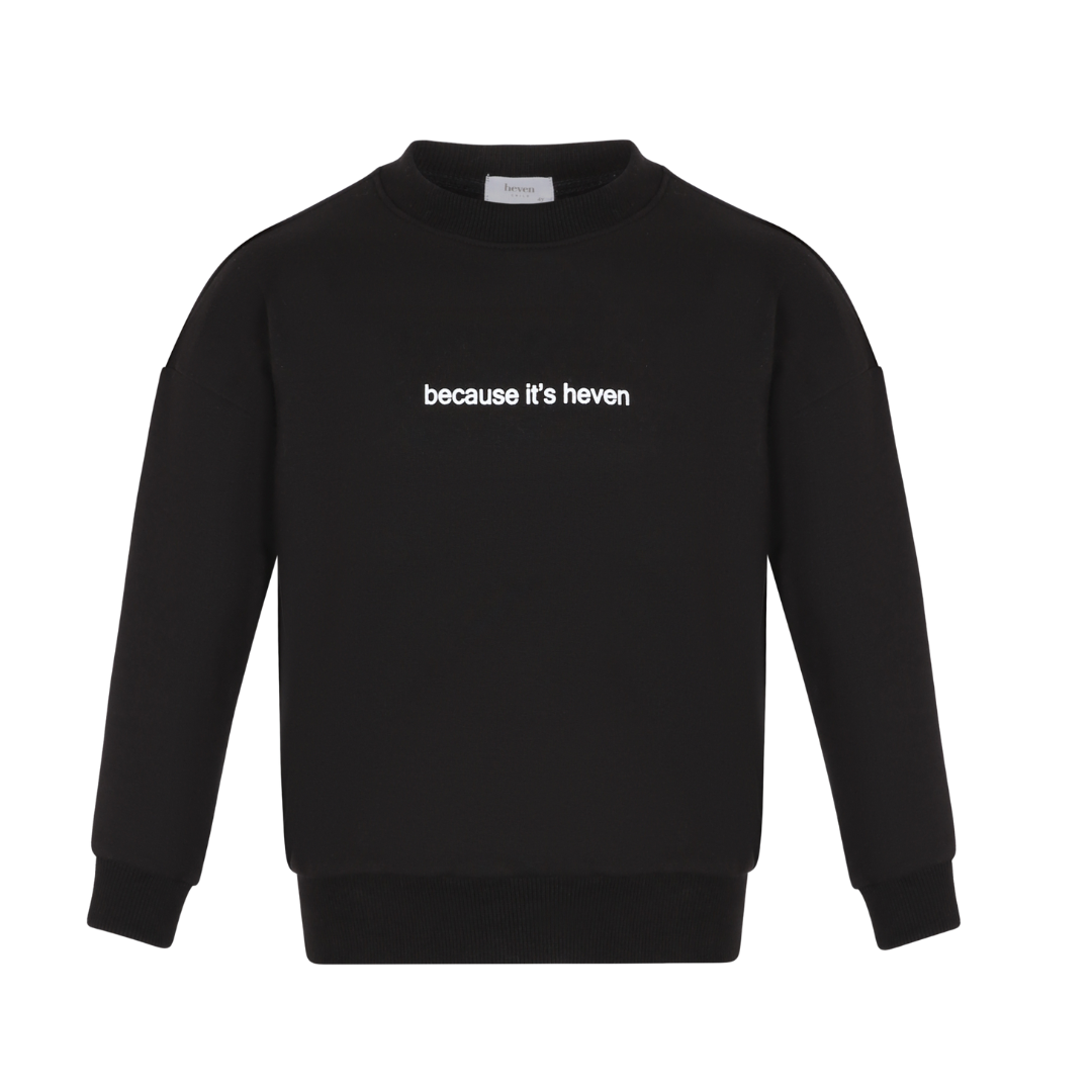 Black kids sweatshirt with ribbed collar, cuffs and waistband