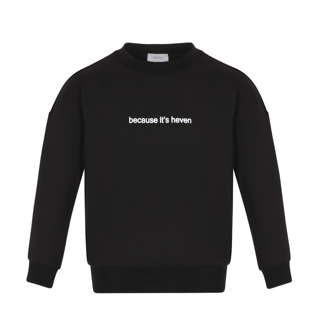 Black sweatshirt with ribbed collar, cuffs and waistband